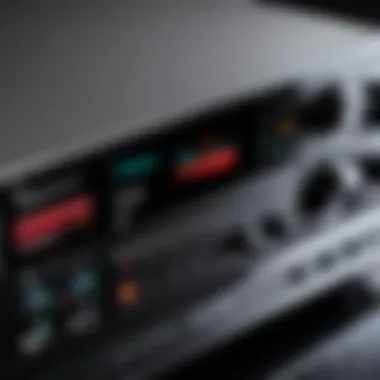 Close-up of audio receiver inputs and outputs, highlighting connectivity options.