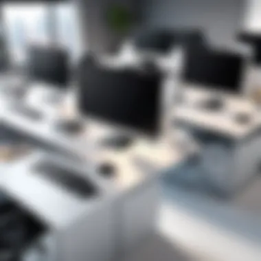 An office environment showcasing various business desktops