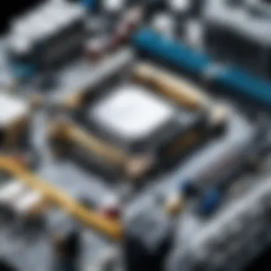 Motherboard and Components A detailed view of a motherboard with inserted components