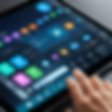 A close-up of a touch screen tablet displaying various applications.