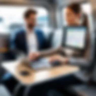 A commuter utilizing a lap desk while on public transport