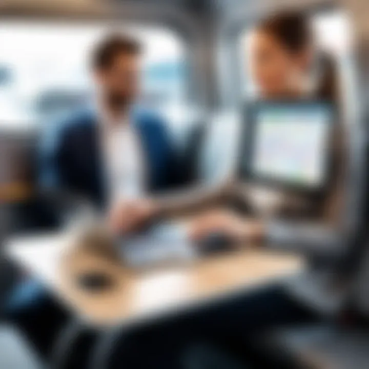 A commuter utilizing a lap desk while on public transport