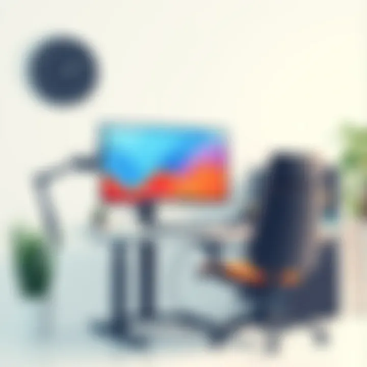 Workspace with single vertical monitor stand enhancing productivity