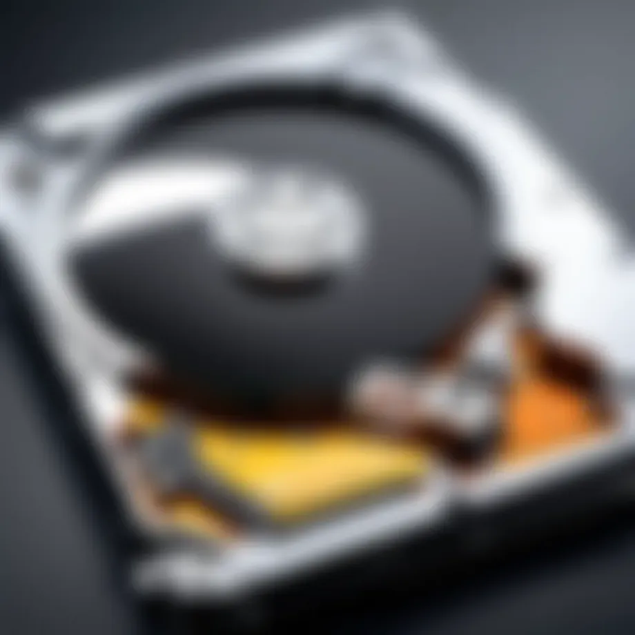 Internal structure of an HDD showcasing platters and read/write heads