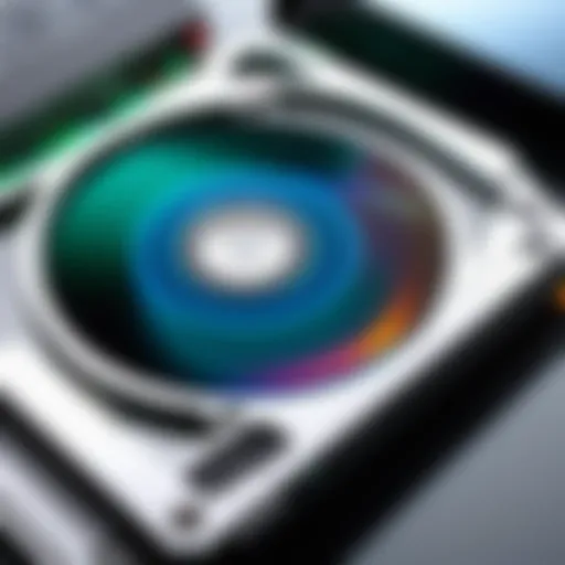 Detailed view of a laptop CD burner showcasing its design and features.