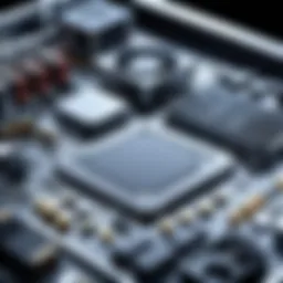 Detailed view of computer components arranged on a workstation