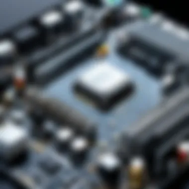 Close-up of a motherboard showcasing various slots and connections