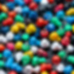 A close-up view of disposable earbuds in various colors and designs stacked neatly.