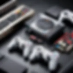 A vintage gaming console setup featuring classic controllers and games