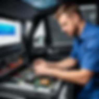 Technician installing aftermarket electronics in a vehicle