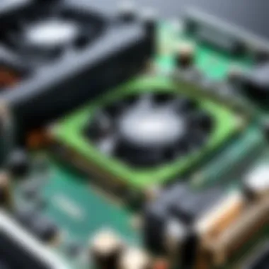 Close-up of a modern graphics card with advanced cooling technology