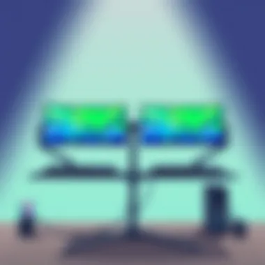 Gaming with Dual Monitors Modern gaming setup with dual screens on adjustable arms