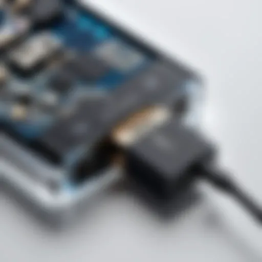 Close-up view of a female USB to Bluetooth adapter highlighting its connectors.