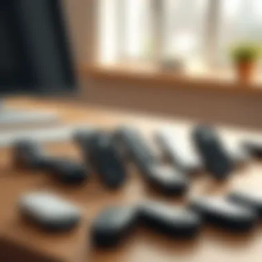 Variety of Bluetooth Presentation Clicker Models A range of Bluetooth presentation clickers displayed on a table