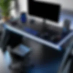 Sleek design of a gaming desk with LED lights illuminating the workspace