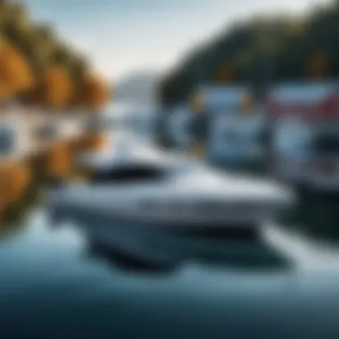 Harbor Setting with a Covered Boat A boat covered with a harbor master cover in a serene harbor setting