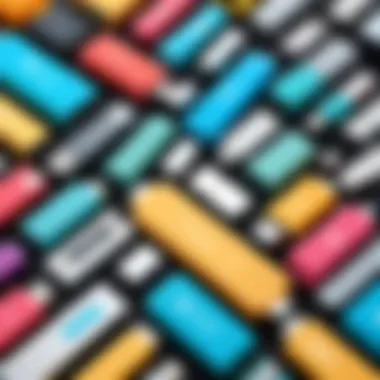 Diverse Flash Drive Designs An assortment of colorful flash drives arranged in a creative pattern