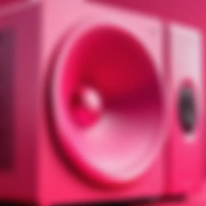 Close-up of pink speaker detailing and technology