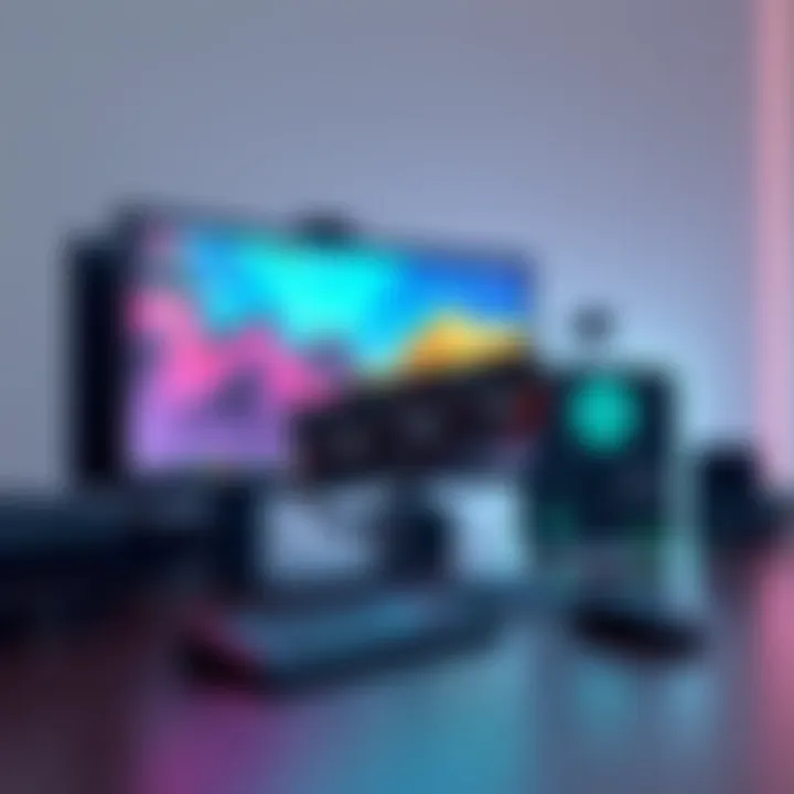 A modern gaming setup highlighting a computer with a 16GB graphics card in action.