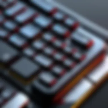 Highlighted features of a small gaming keyboard with customizable keys.