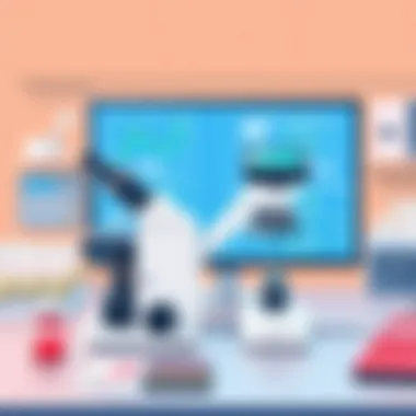 Illustration of Amscope SE400Z microscope in a lab environment with various samples.