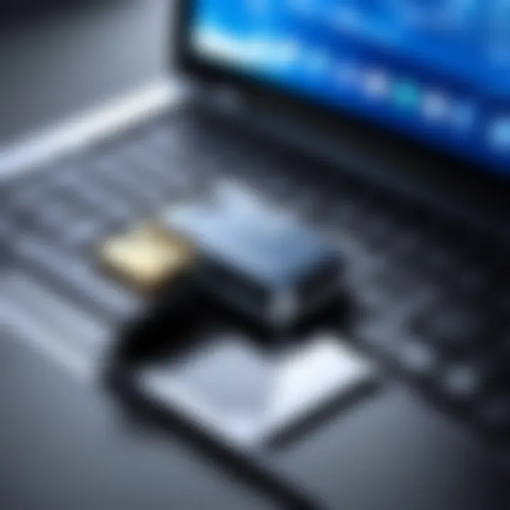 A user transferring files between a laptop and a 32 gigabyte thumb drive.