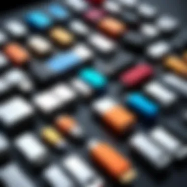 Diverse Styles of Thumb Drives Multiple 32 gigabyte thumb drives in various colors and styles placed on a desk.