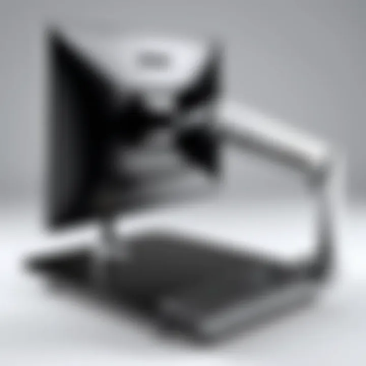 Demonstration of ergonomic adjustment features in a three-arm monitor stand