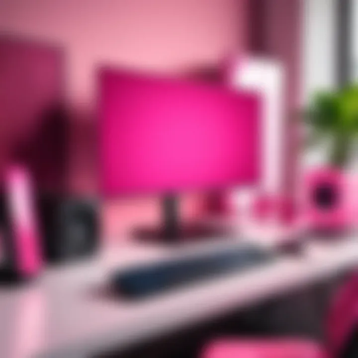 A vibrant setup featuring a pink prebuilt PC alongside gaming peripherals in a trendy workspace.