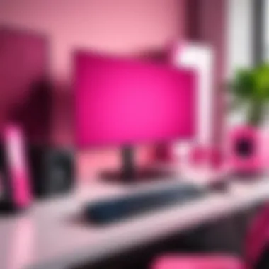 Trendy Workspace with Pink Prebuilt PC A vibrant setup featuring a pink prebuilt PC alongside gaming peripherals in a trendy workspace.