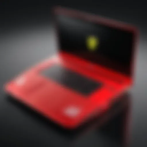 Sleek Ferrari gaming laptop showcasing its aerodynamic design and branding