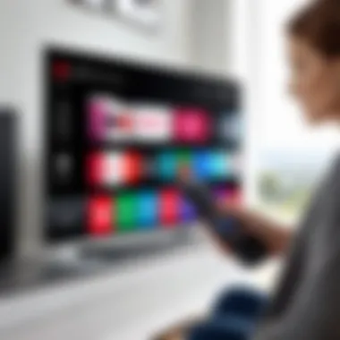 User interacting with LG smart TV remote control highlighting advanced features