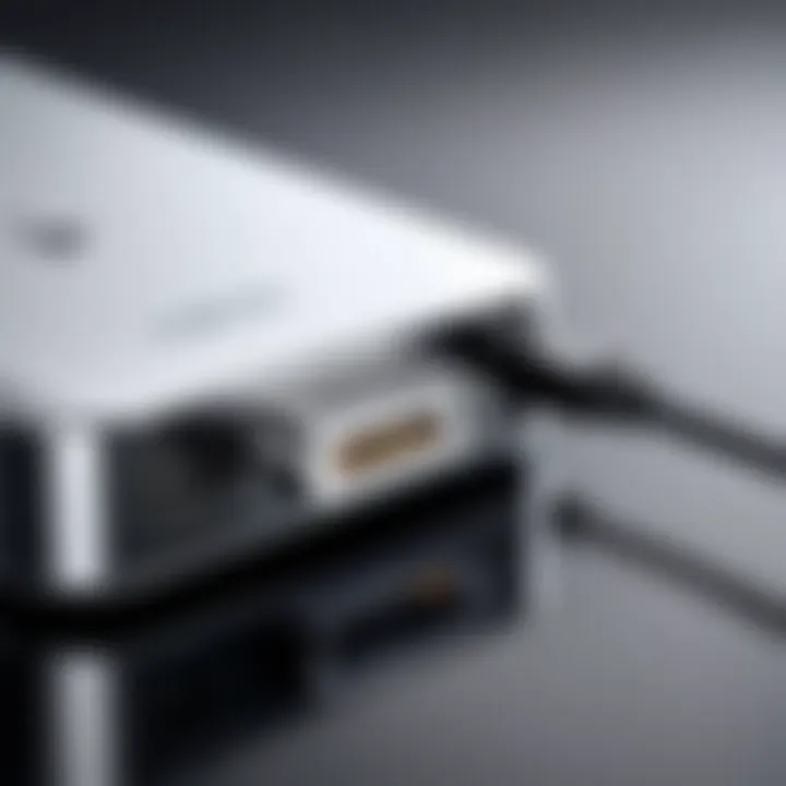 Close-up of a lightning connector attached to a charger stand