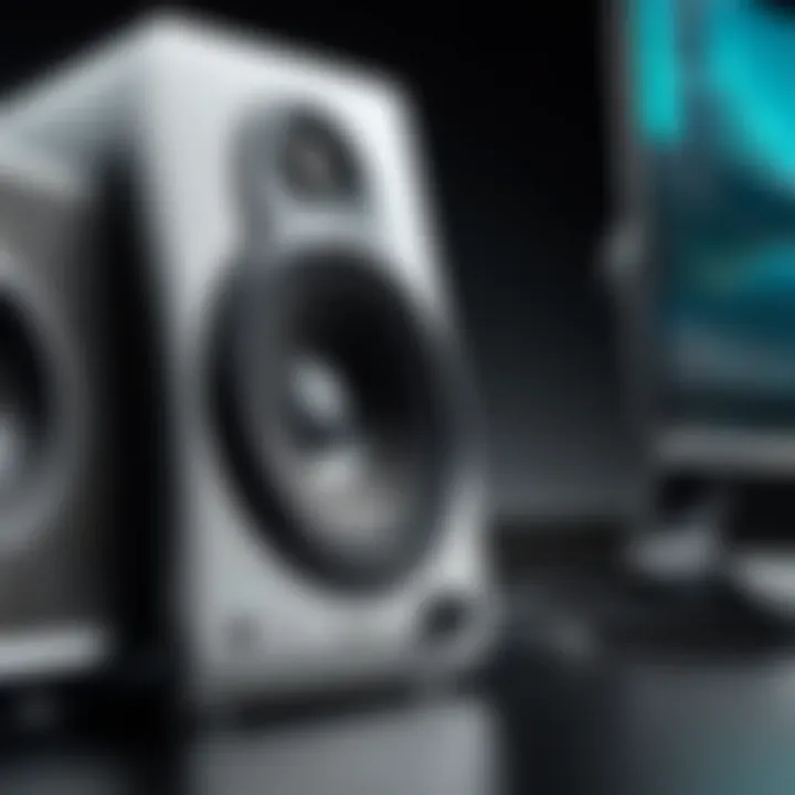 Close-up of Logitech monitor speakers highlighting sound quality.