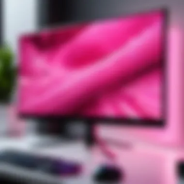 Close-up of a pink gaming monitor displaying high-resolution graphics.