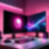 A sleek pink gaming PC setup showcasing vibrant RGB lighting and elegant design.