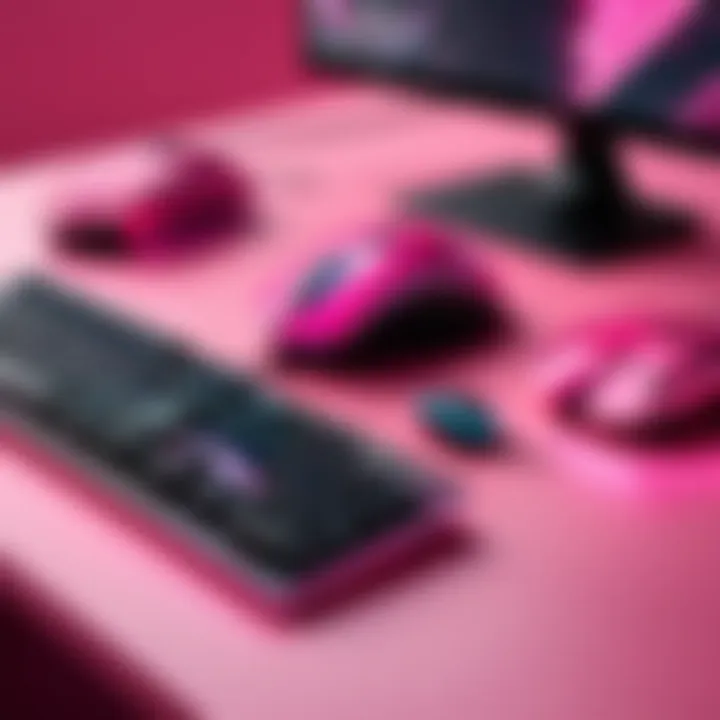 A collection of pink gaming peripherals, including keyboard and mouse.