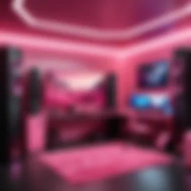 An artistic view of a gaming room featuring pink accents and modern decor.