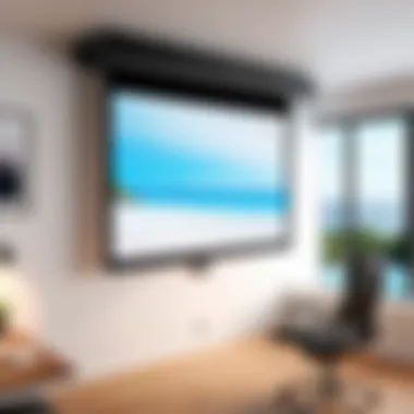 Optimal Room Design for Pull Down Screens Illustration of a room setup featuring a pull down projection screen in use.