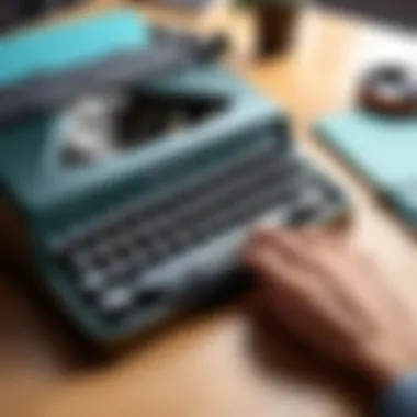 User typing on a retro Bluetooth typewriter keyboard in a modern workspace