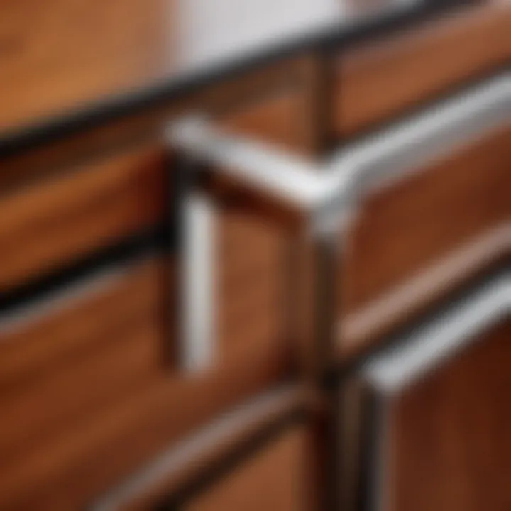 Artistic arrangement of Southern Hills polished chrome cabinet handles on a wooden surface