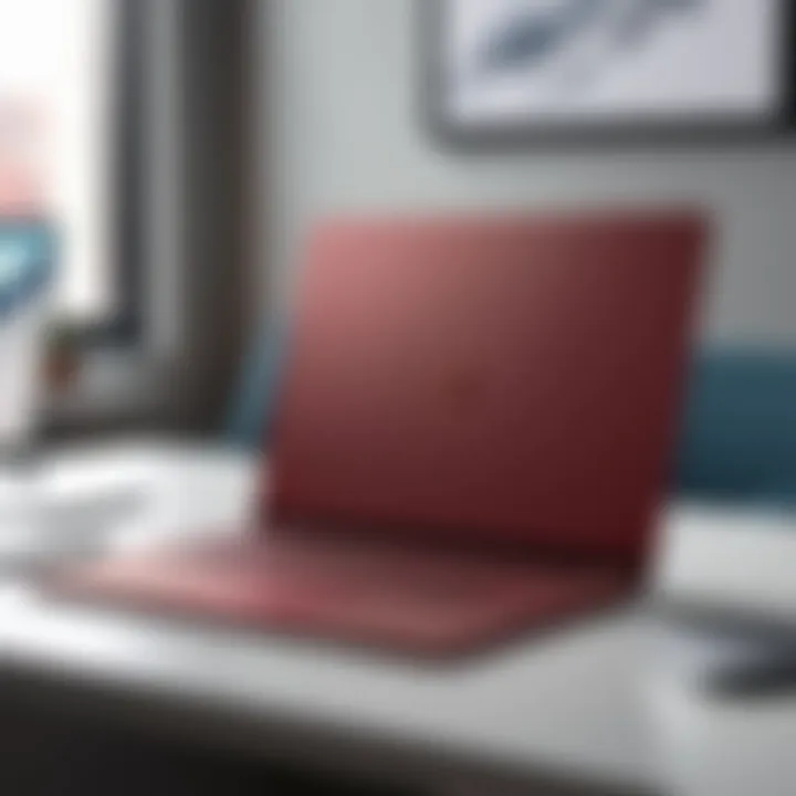 Surface Laptop burgundy set in a modern workspace environment