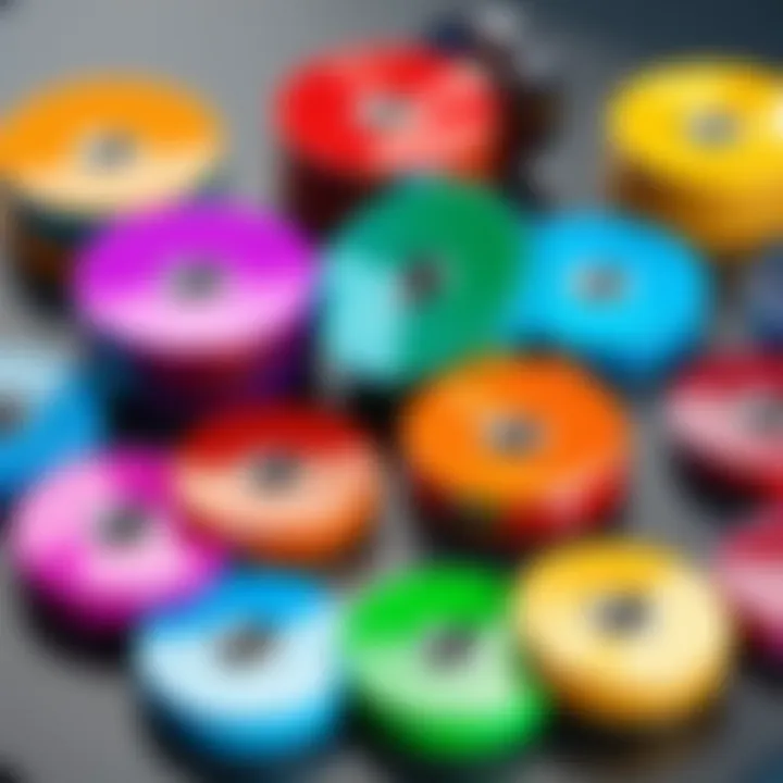 Close-up view of colorful Tech Deck wheels laid out in an organized manner.