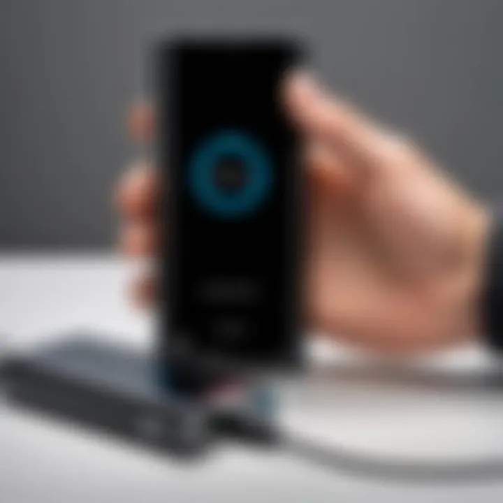 A user connecting a device to a TechSmarter power bank in a practical scenario