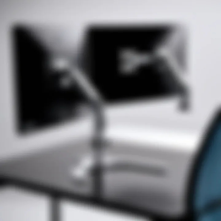 Close-up view of dual monitor mount's adjustable features and ergonomic design.