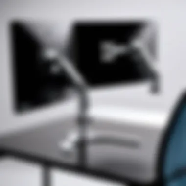 Adjustable Features of Ergonomic Dual Monitor Mount Close-up view of dual monitor mount's adjustable features and ergonomic design.