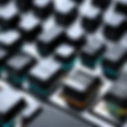 A close-up view of a mechanical keyboard showcasing different switch types.