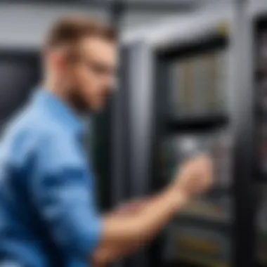 A technician performing maintenance on a computer network cabinet