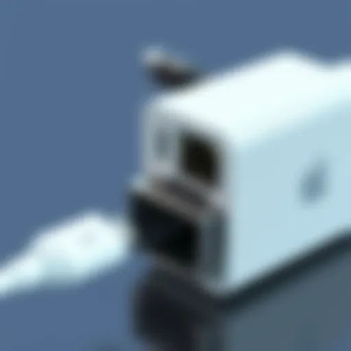 Detailed View of Mac USB-C to Ethernet Adapter Ports Detailed view of a Mac USB-C to Ethernet adapter showcasing its ports