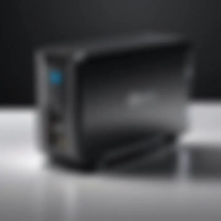 Close-up of a WD external hard drive showcasing power input.